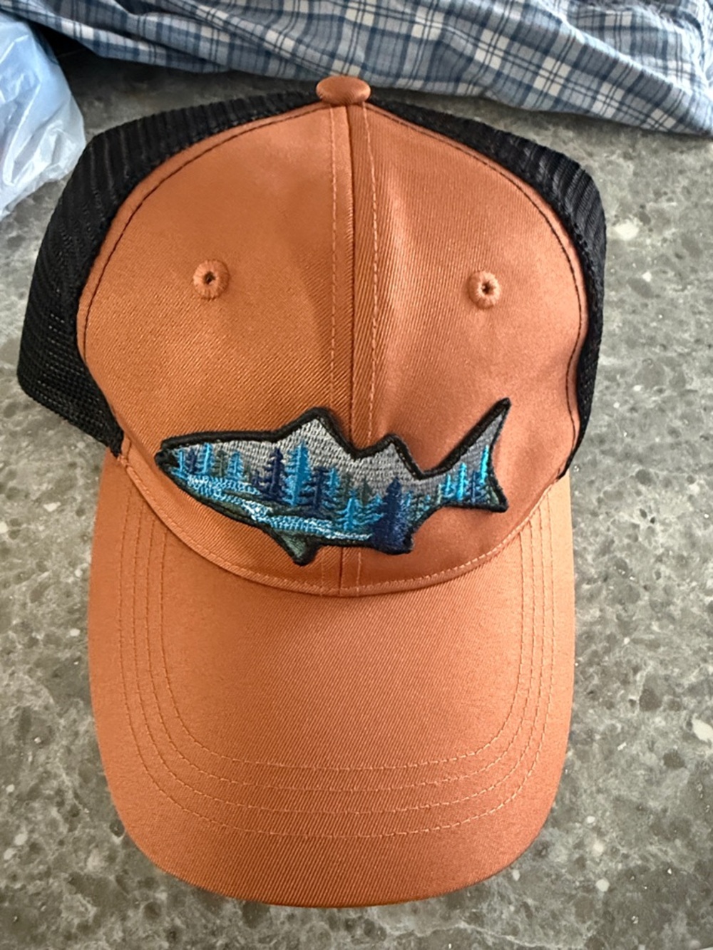 Rust Brown Trucker Hat with Blue Fish Patch